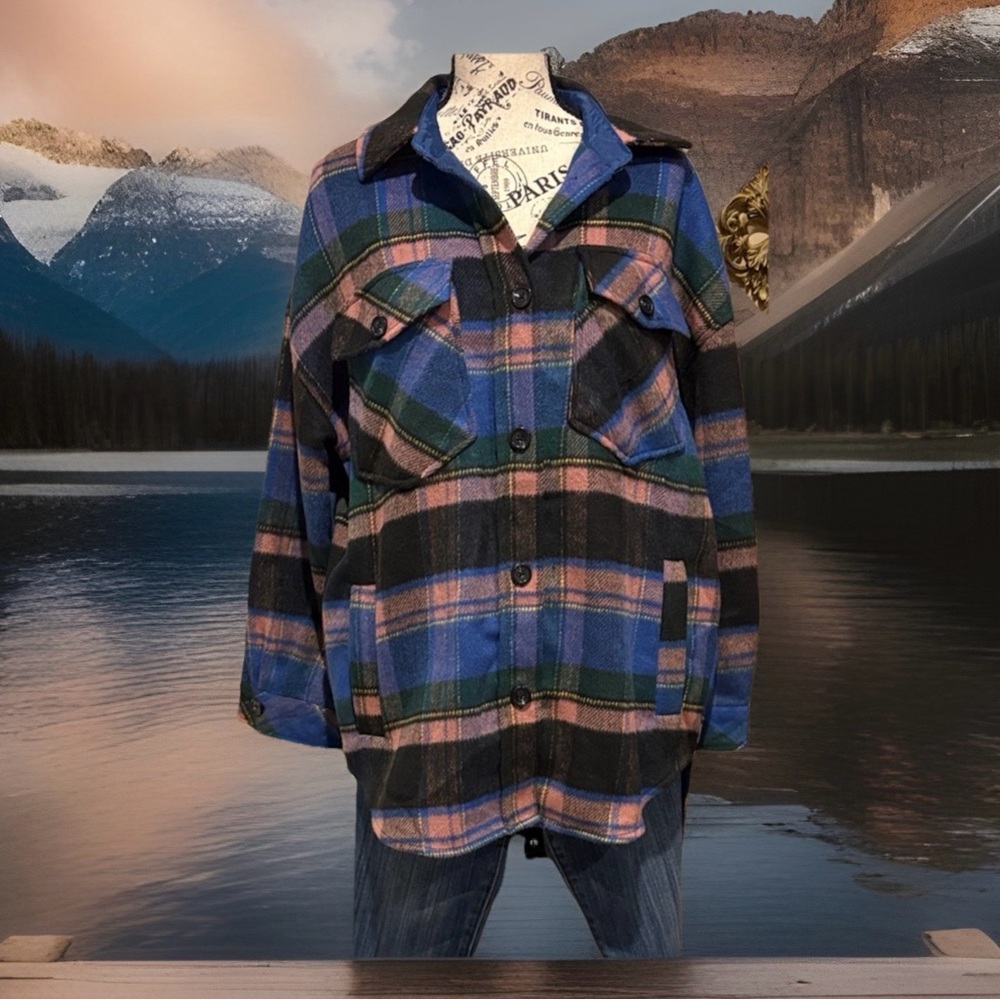 /Oversized Flannel Shirt Jacket Warm Button-Up Plaid  Kohls SO Sz M